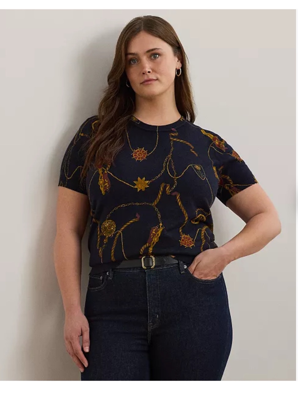 Lauren Ralph Lauren Womens Print CottonBlend Short-Sleeve Sweater Belting 3X NWT